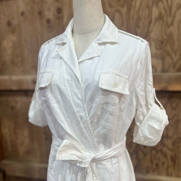 JONES WEAR DRESS Linen Blend Lined Short Sleeve Midi Dress With Belt Size 12P - Picture 4 of 16